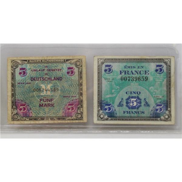 LOT OF 2 WWII ALLIED UCCUPATION CURRENCY NOTES