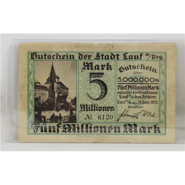 1923 POST WWI GERMANY 5 MILLION MARKS NOTE