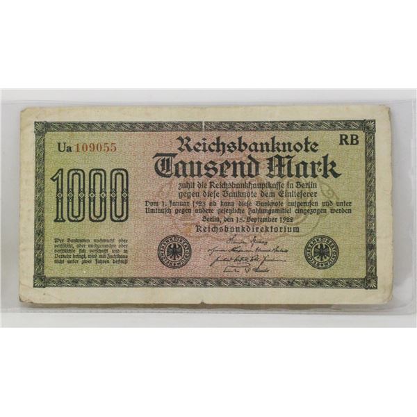 1922 POST WWI GERMANY 1000 MARKS NOTE