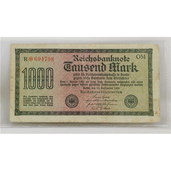 1922 POST WWI GERMANY 1000 MARKS NOTE