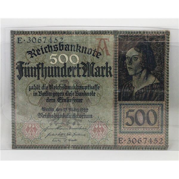 1922 POST WWI GERMANY 500 MARKS NOTE