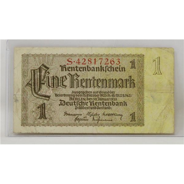 1937 WWII GERMANY 1 MARK NOTE
