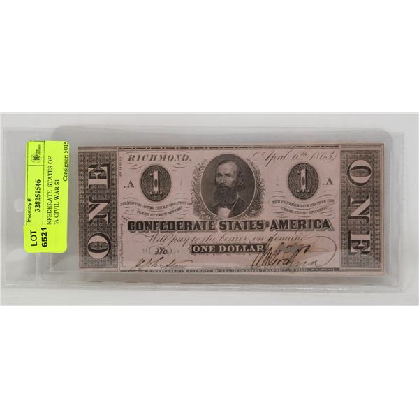 1863 CONFEDERATE  STATES OF AMERICA CIVIL WAR $1