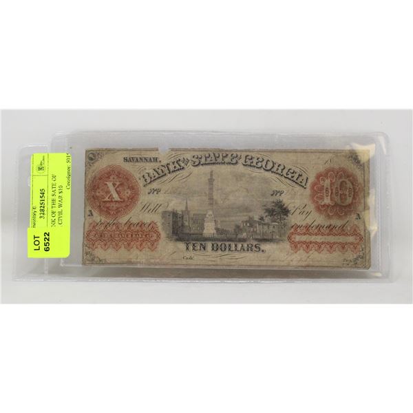 1800'S BANK OF THE SATE OF GEORGIA CIVIL WAR $10