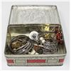 Image 1 : ESTATE TIN BOX OF VARIOUS JEWELRY & COINS ETC.