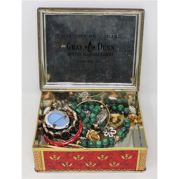 ESTATE TIN BOX OF VARIOUS JEWELRY & COINS ETC.