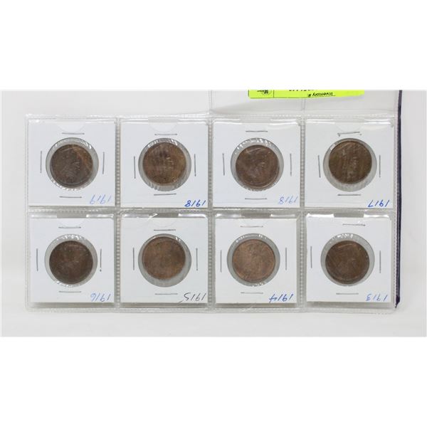 1913-1919 LOT OF 8 CANADA LARGE 1 CENT COINS