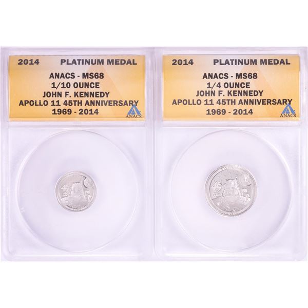 Set of 2014 Proof 1/10 & 1/4 oz Platinum JFK Apollo 11 Anniversary Medals ANACS MS68