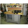 WOOD TOPPED WORK BENCH WITH 5 DRAWERS & HUTCH TOP