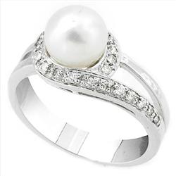 $1,600 Genuine 6.5mm Pearl & 0.20 Diamond Ring 14K Gold