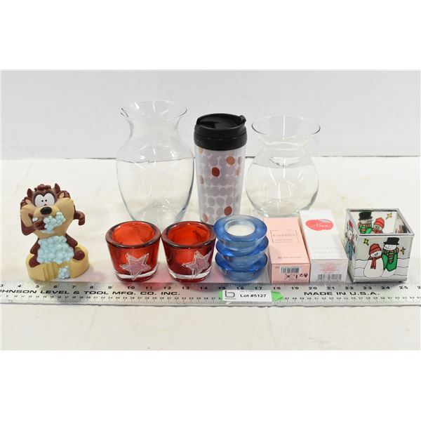 Assorted Lot w/ Candles, Vases, NIB Perfumes, Travel Mug