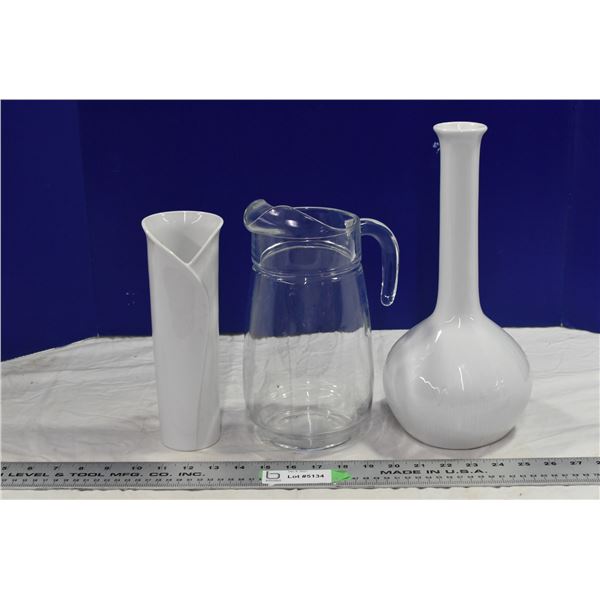 2 White Vases & 1 Glass Pitcher