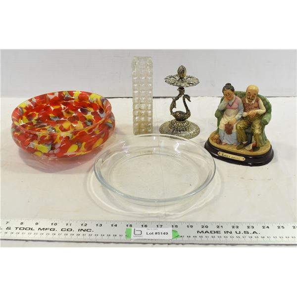 Ceramic Ornament, Glass Dishes & Metal Swan