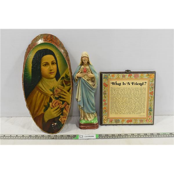 Vintage Mary Sculpture, Wood wall art, what is a friend? wall hanger
