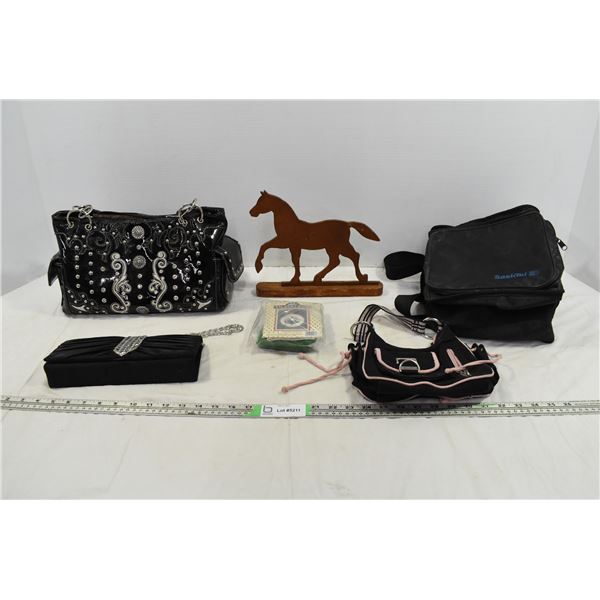 Assorted Purses, Sasktel Lunchbag, Wooden Horse Ornament