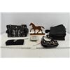 Image 1 : Assorted Purses, Sasktel Lunchbag, Wooden Horse Ornament