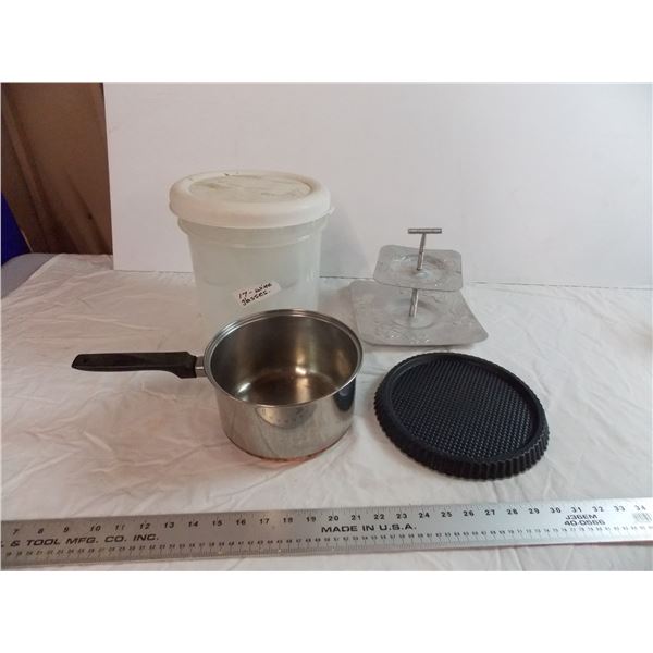 Copper bottom Pot, Two-tiered (aluminum) Serving Tray, (17) Wine Glasses in plastic container