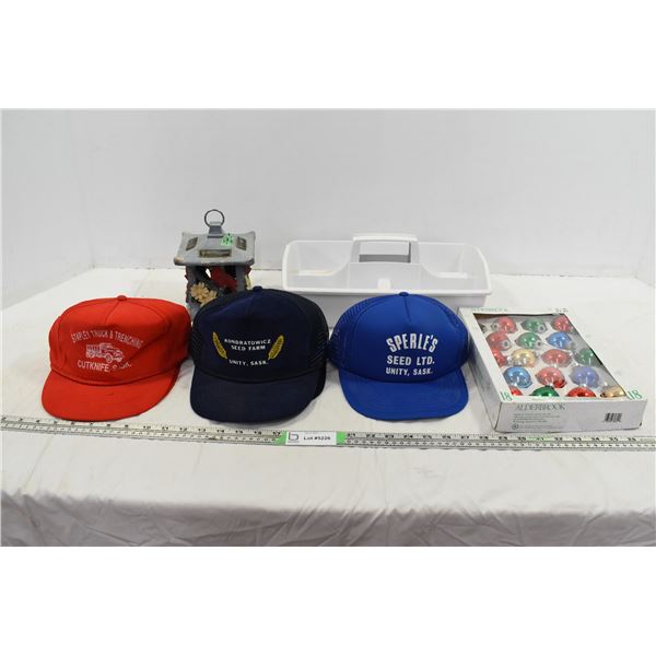 Cutknife, Unity SK Truckers Hats, Christmas Bulbs, Solar Bird ornament