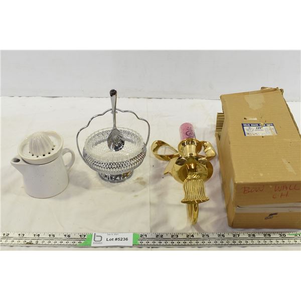 Vintage Brass Candle Holder (in box), Ceramic (mini) Juicer, Sugar Bowl w/ Spoon