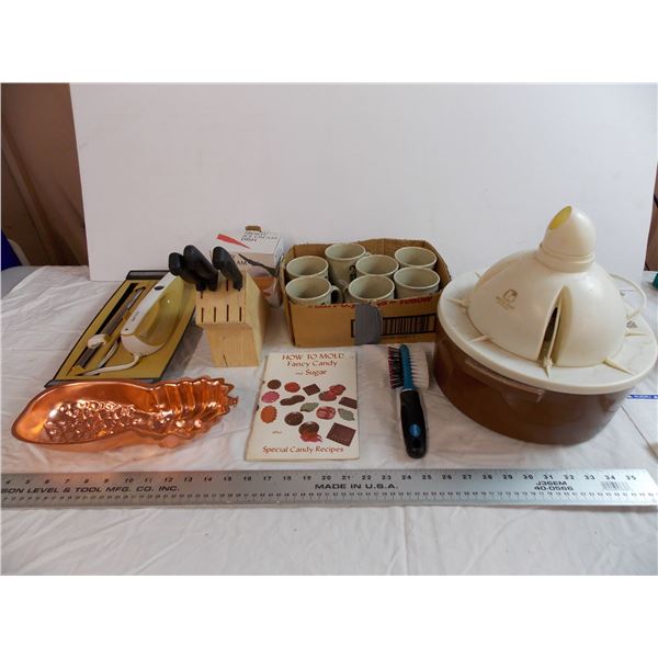 Humboldt Credit union Mugs(1985), Knife Block, Pineapple Mould, Candy recipe book, etc