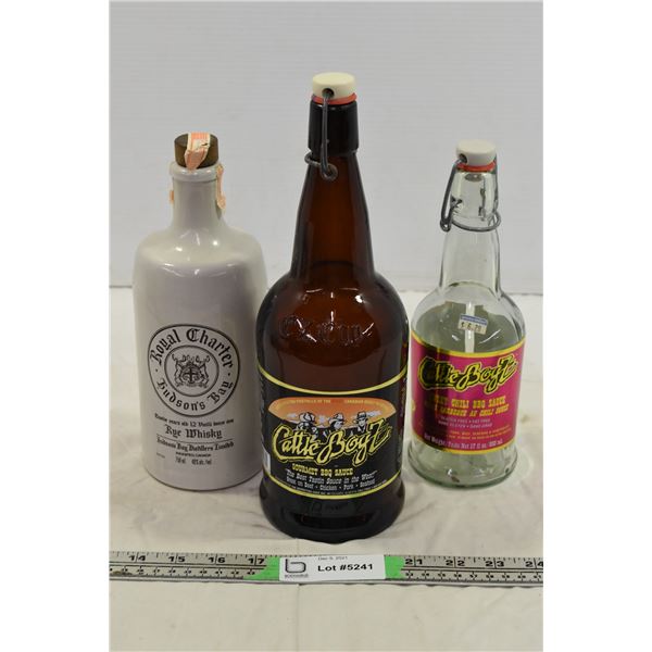 Ceramic Hudson Bay Whiskey Bottle & 2 Glass Sauce Bottles