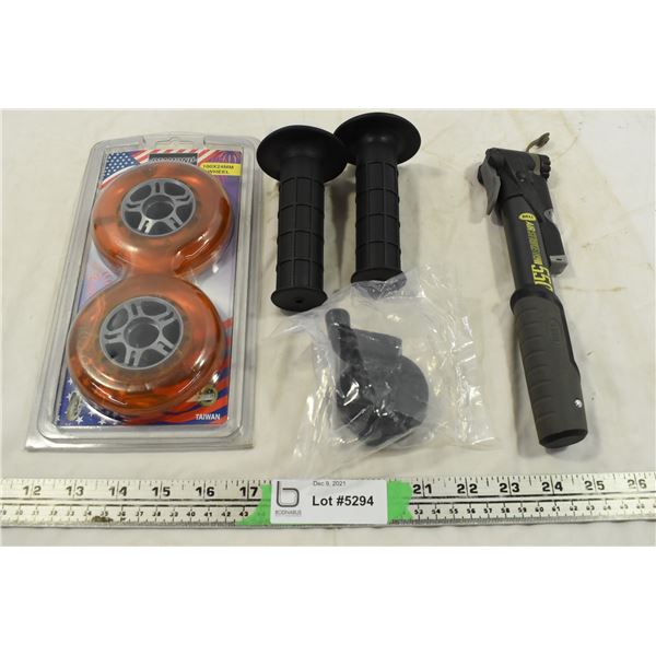 Roller Blade Wheels, Bike Grips & Air Pump w/ PSI Meter