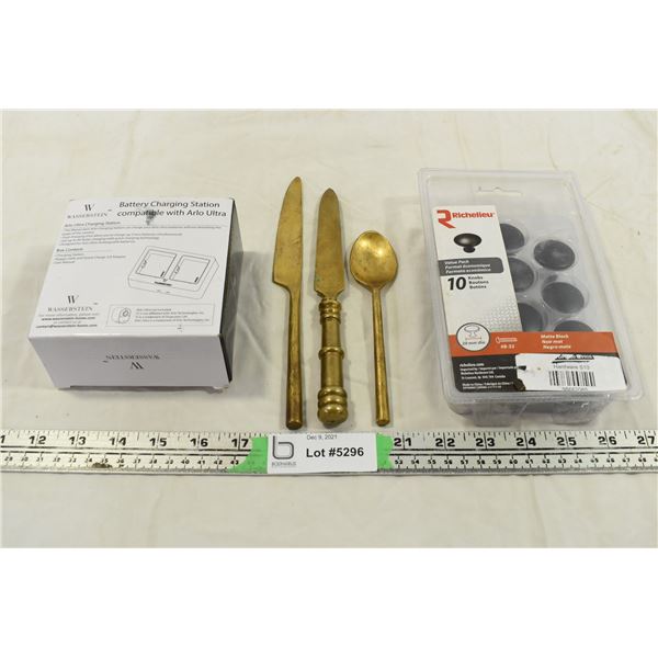 Brass Utensils, Drawer Knobs & Battery Charger