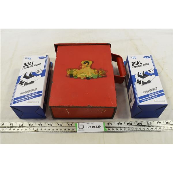 2 Playstation Controller Chargers & Red Tin