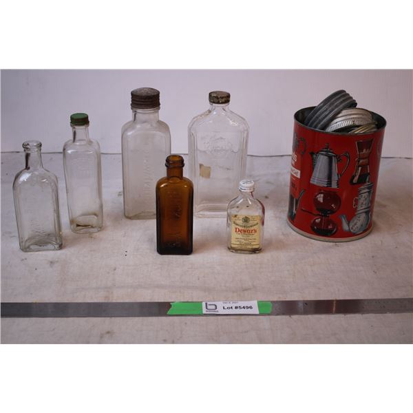 Various Vintage Bottles,tin with jar lids