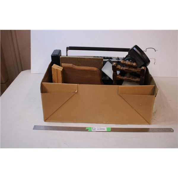 Large Box of mixed goods (lot) Boombox, playing card set, dog treats, wall plaques, walkie-talk, etc