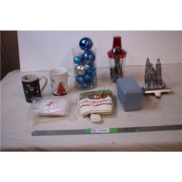Christmas Ornaments ,mugs, martini set, stocking hanger, Misc Items