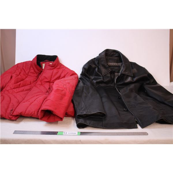 Black Leather Coat SizeL, Red puff coat Size M