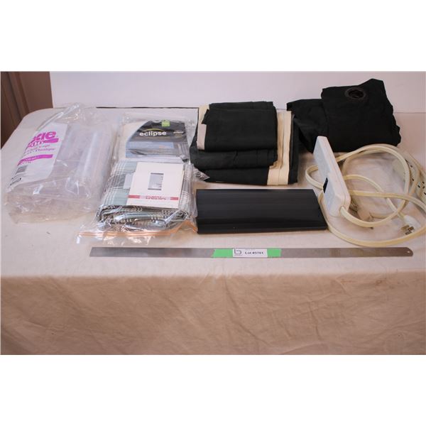 Blackout Curtains, new table cloth, power bars, clear cups(new), curtain