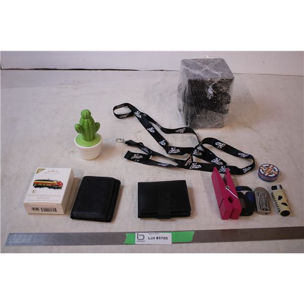 Hallmark keepsake train, Scentsy lamp(works),lighters, Wallets, Misc items