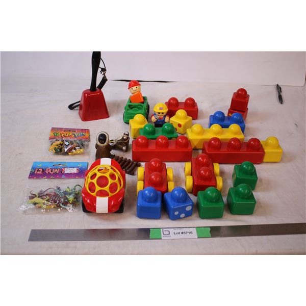 Kids Blocks, small toys,  Inuit mom and child on sled, cow bell, etc