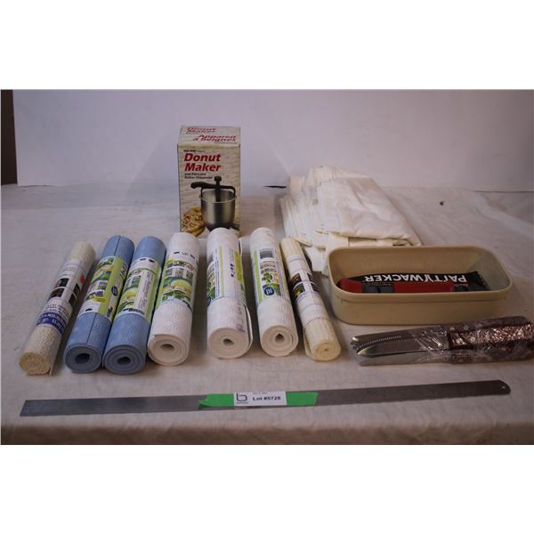 Shelf and drawer liners, curtain ,kitchen steak knifes, donut maker
