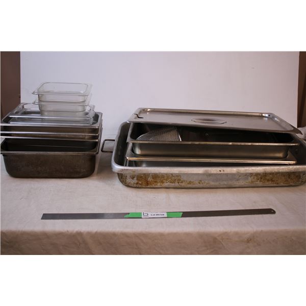 Restaurant clear out- Metal and plastic inserts/lid, assorted strainers,  commercial labels, etc
