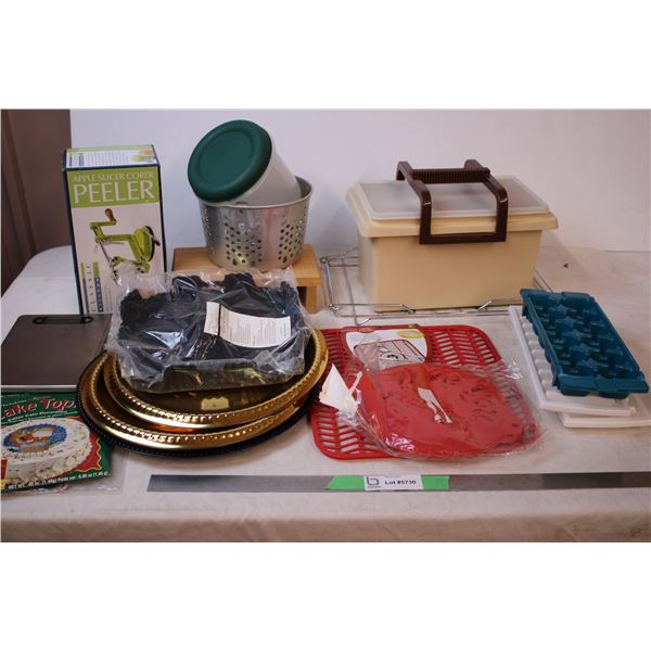 New Apple peeler, Vintage Tupperware container, cake stencils, Epicure chipper, kitchen scale, etc