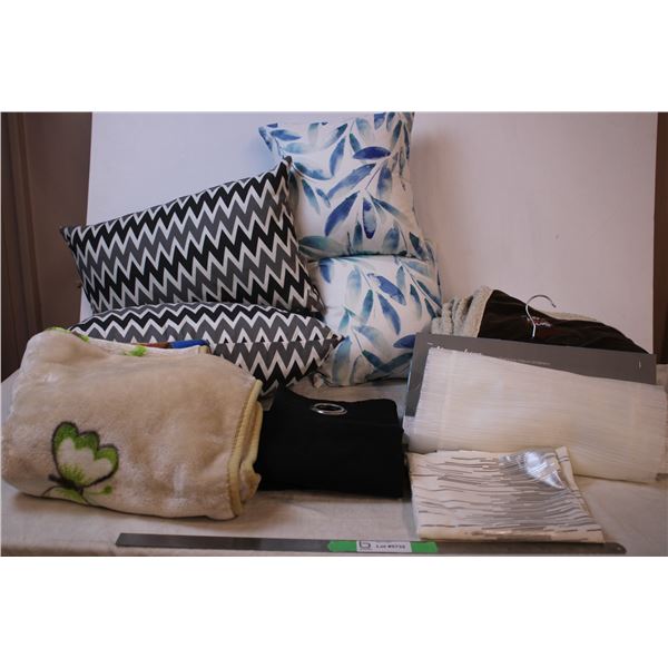 Decor pillows and cover, sheer curtain, black curtain, Coors fleece brown blanket, kid blanket