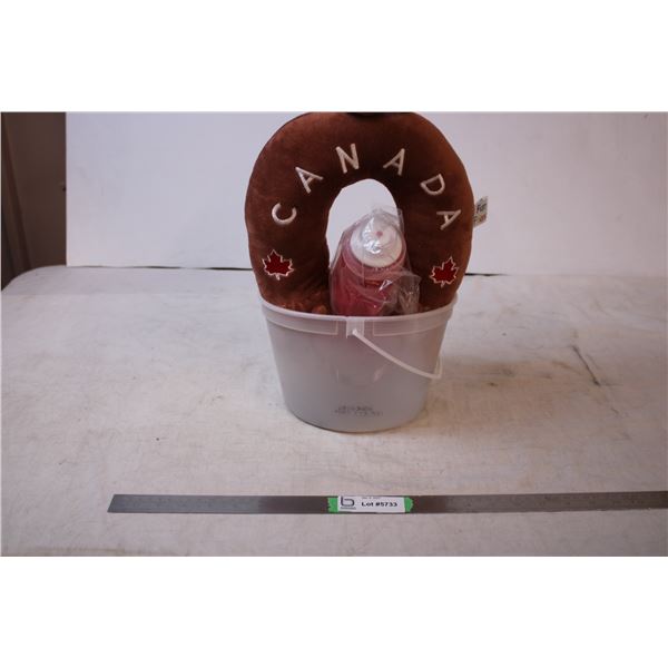 Travel beaver pillow, new M& M water bottle,random remotes