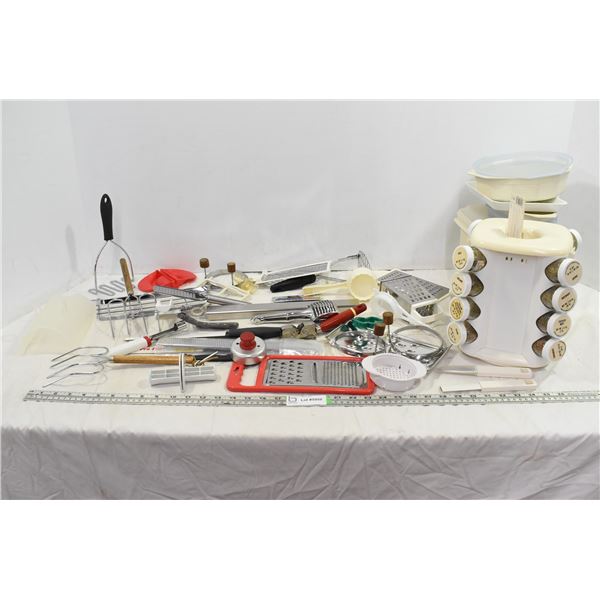 kitchen accessories, cheese graters, tupperware, spice rack