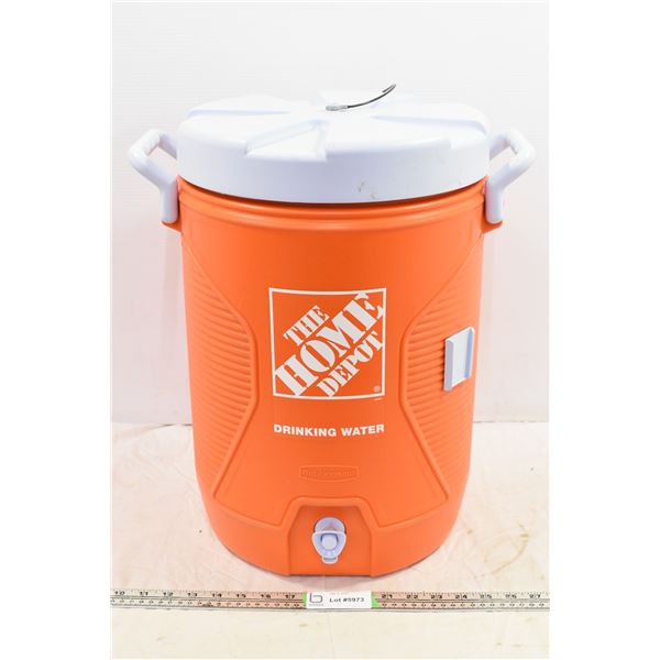 Orange Home Depot water dispenser with beer pong cups