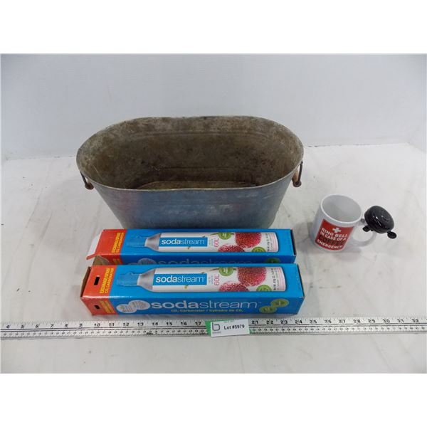 2 soda stream cartridges(empty) + coffee cup + "rustic farmhouse" tin