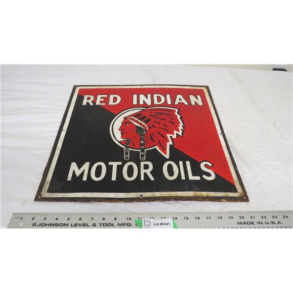 Red Indian motor oils porcelain sign - 18.5x20