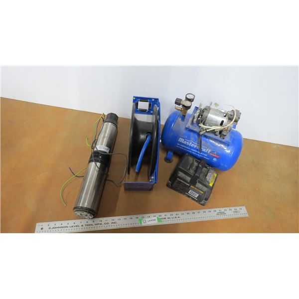 submersible pump, hose reel (no hose), mastercraft air compressor (cord cut)