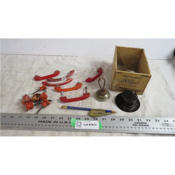 vintage wood crayon box, door handles, knobs, misc