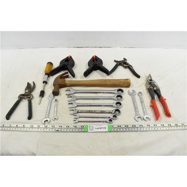 Assorted Hammers, Wrenches, Clamps & Tin Snips