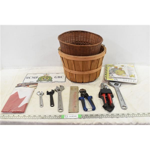 Wooden Baskets, RCMP Plate, Canada Flag & Tools