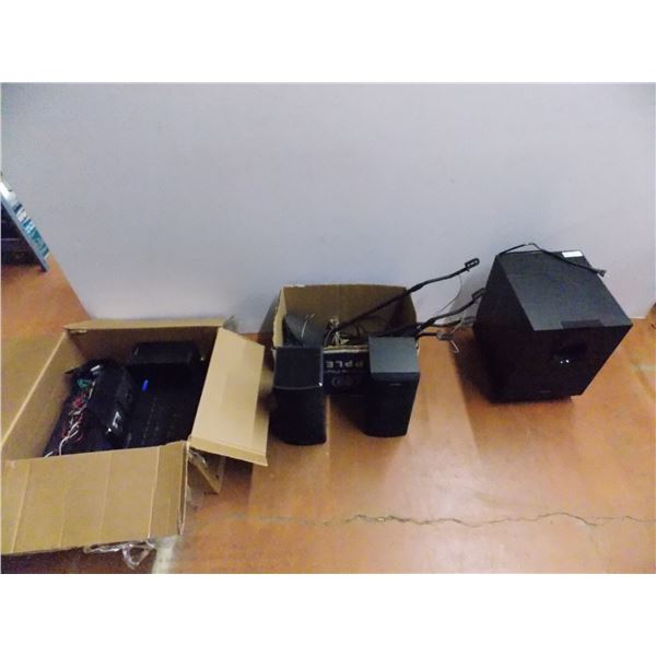 *Onkyo Surround Sound 7.1 - Stereo Amp & Subwoofer, L,R, Center  + 4 speakers with stands. Works