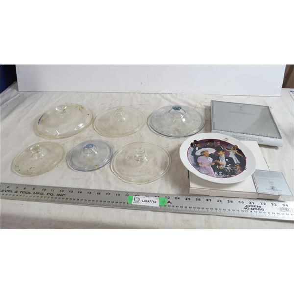 vintage glass casserole lids, avon collectable porcelain plate